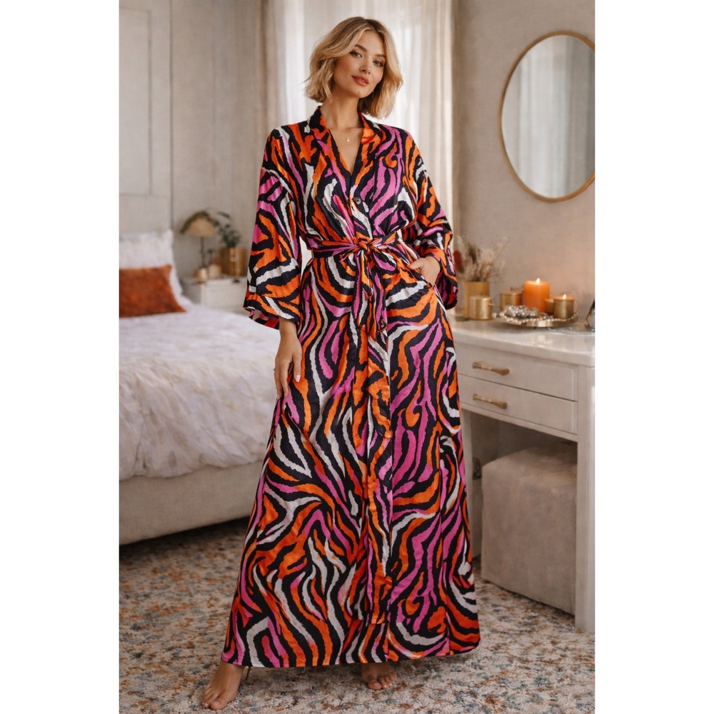 Diane Von Furstenberg Long Satin Robe Kimono Disco Zebra Pink XXS Retro‎